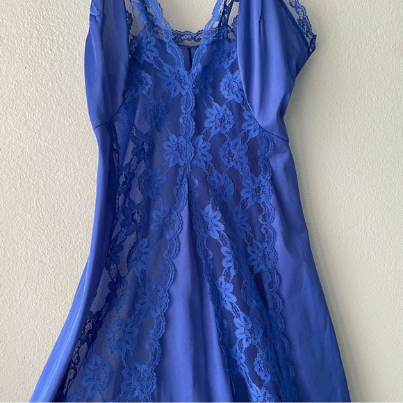 Vae Mode | Vintage 80s Cobalt Blue Lace Front Long Slip Dress Lingerie Nightgown - Picture 6 of 14